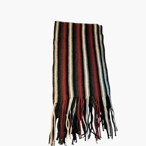 Striped Knit Scarf Fringe Red Black White Handcrafted Unisex Long Warm Winter